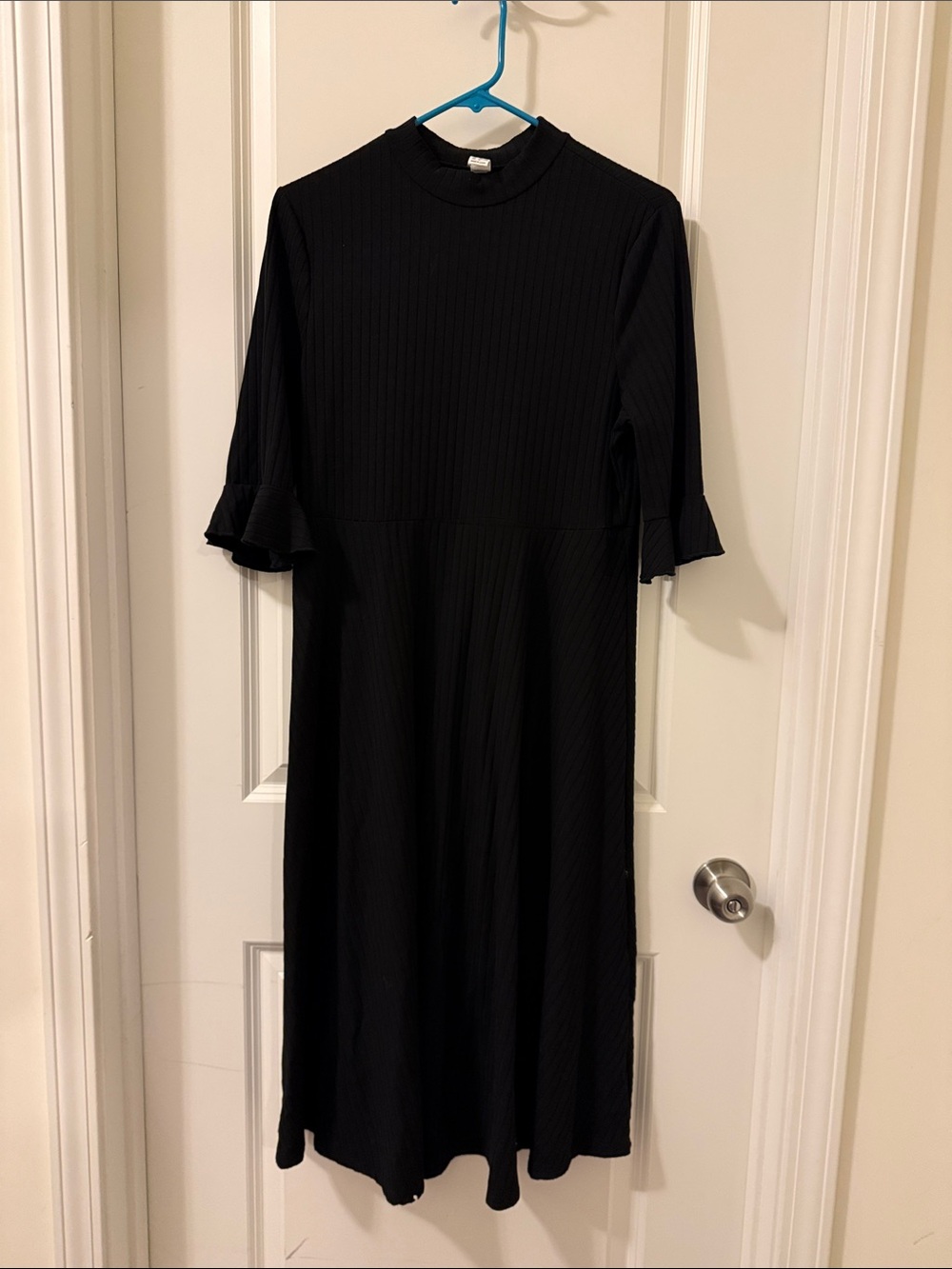 Amazon Black Ribbed Midi Dress with Ruffle Sleeves